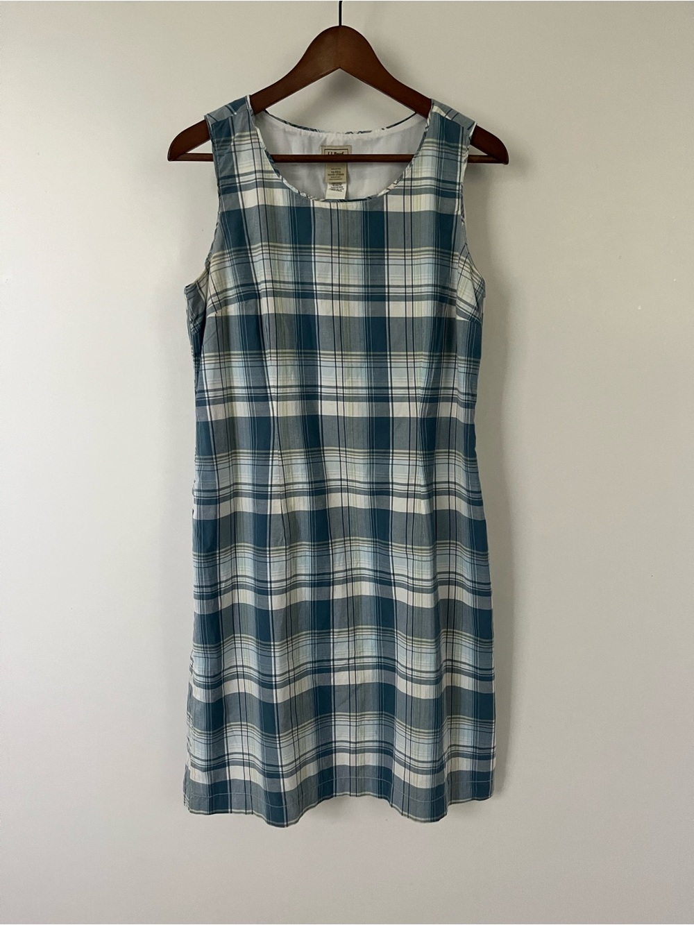 100% Cotton L.L. Bean Blue and White Plaid Sleeveless Midi Dress